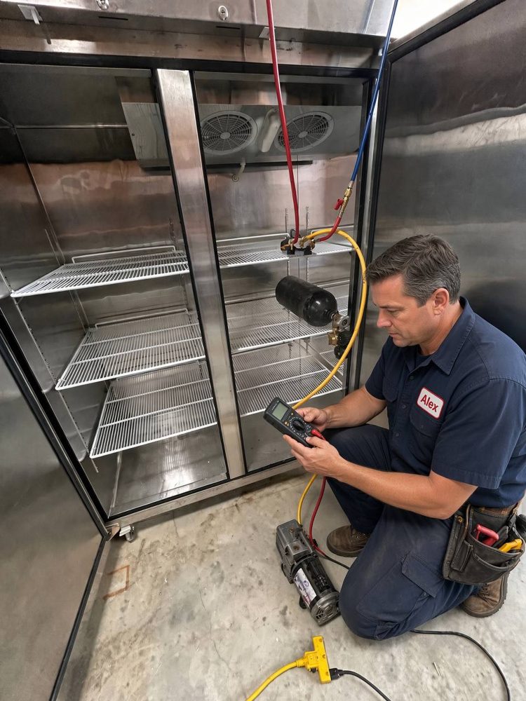 Clara technician running electrical diagnostics on an upright freezer in the Tri-Cities