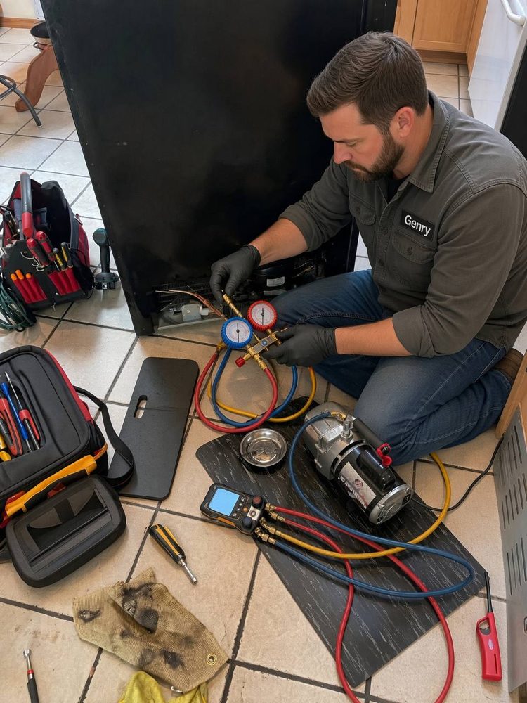 Clara technician testing a refrigerator compressor with gauges at a Pasco home